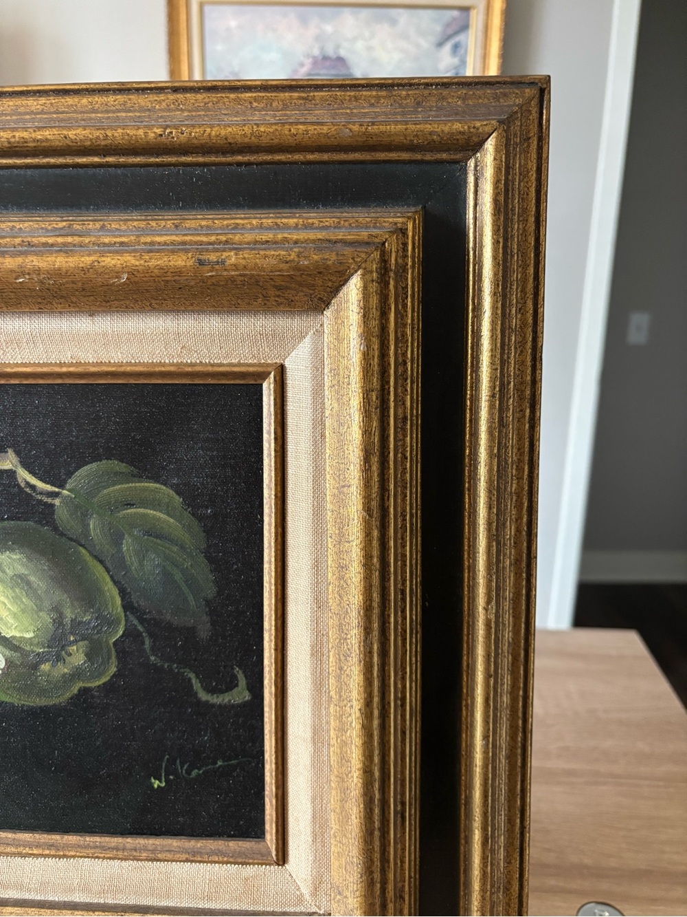 Vintage Signed Original Oil Painting Green Apples Gold Wood Frame - Picture 2 of 6